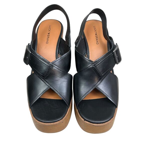 Lucky Brand Womens Platform Wedge Sandals Delayne Black Leather Slingback Sz 8.5 - Picture 4 of 9